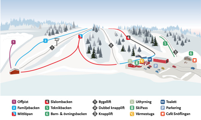 Illustrerad piskarta som visar anläggningen med backar, liftar och parkering.